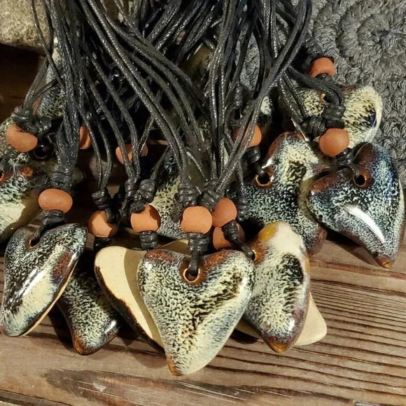 Handcrafted Artsy Heart Glazed Blue Brown Cream Porcelain Pendant Necklace - Picture 7 of 7